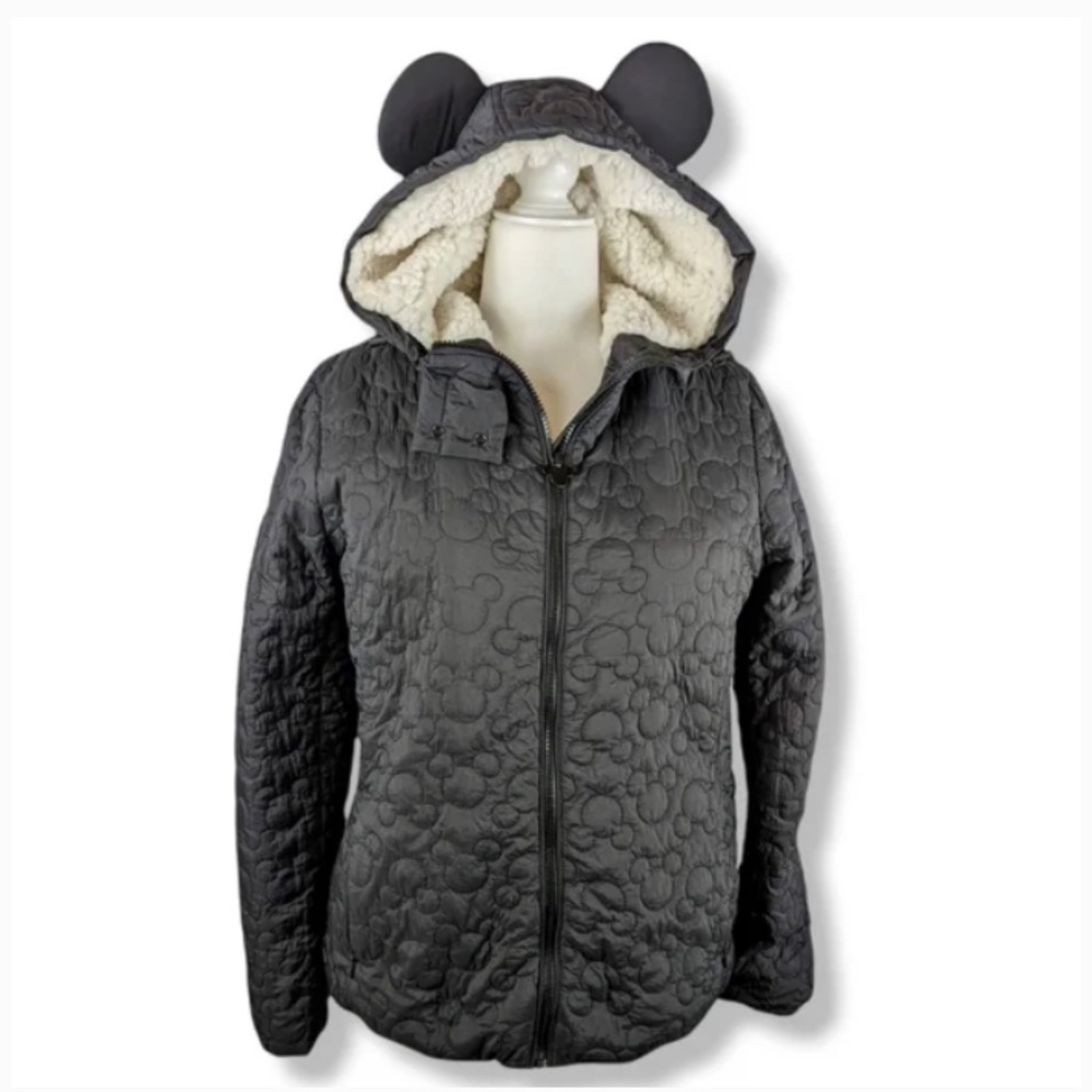 Disney Mickey Mouse Ears Disney Black Quilted Hooded Puffer Jacket, Size XS.NEW!